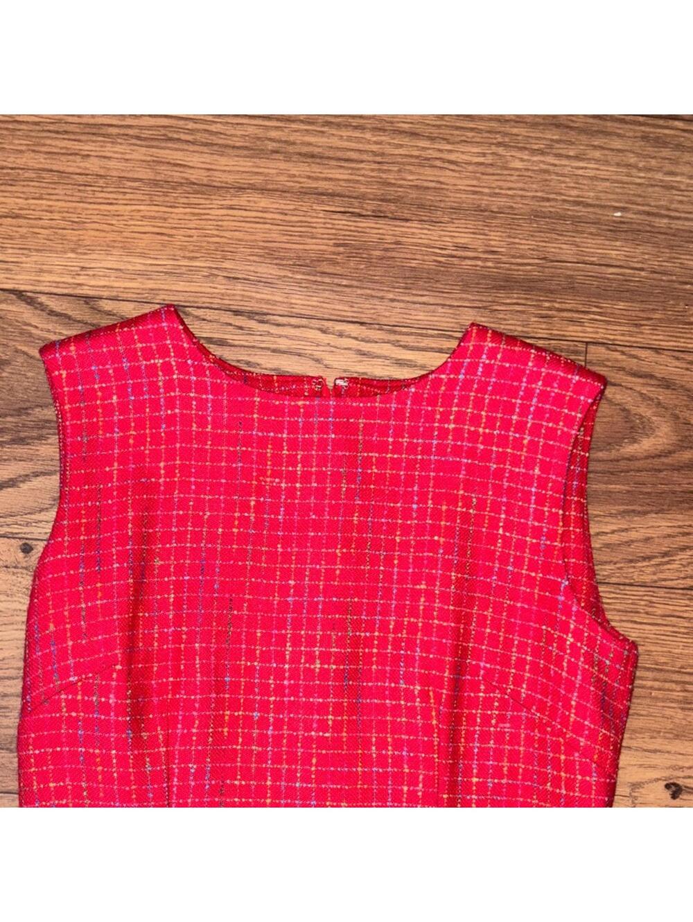 Red Colorful Tweed Plaid Sleeveless Dress Jacket Set Teacher Preppy - Picture 2 of 13